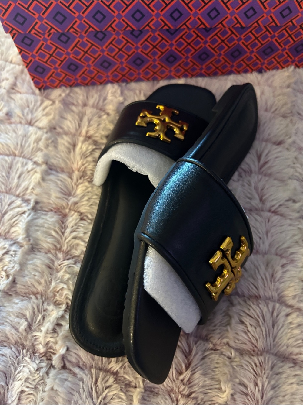 Tory Burch Black Leather Slide Sandals with Gold Logo size 40 U.S 9-9.5 - Picture 6 of 6